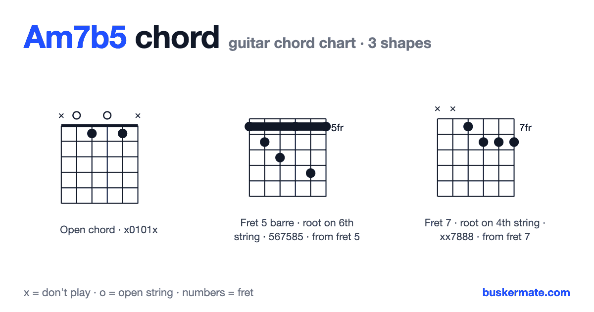 Am7b5 guitar chord chart — open chord x0101x and 2 more shapes