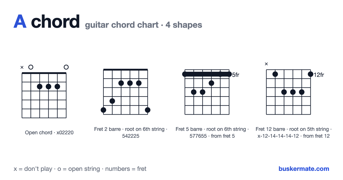 A guitar chord chart — open chord x02220 and 3 more shapes