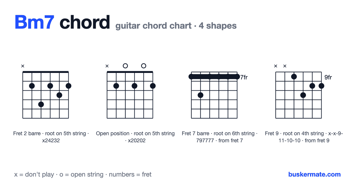 Bm7 guitar chord chart — fret 2 barre x24232 and 3 more shapes