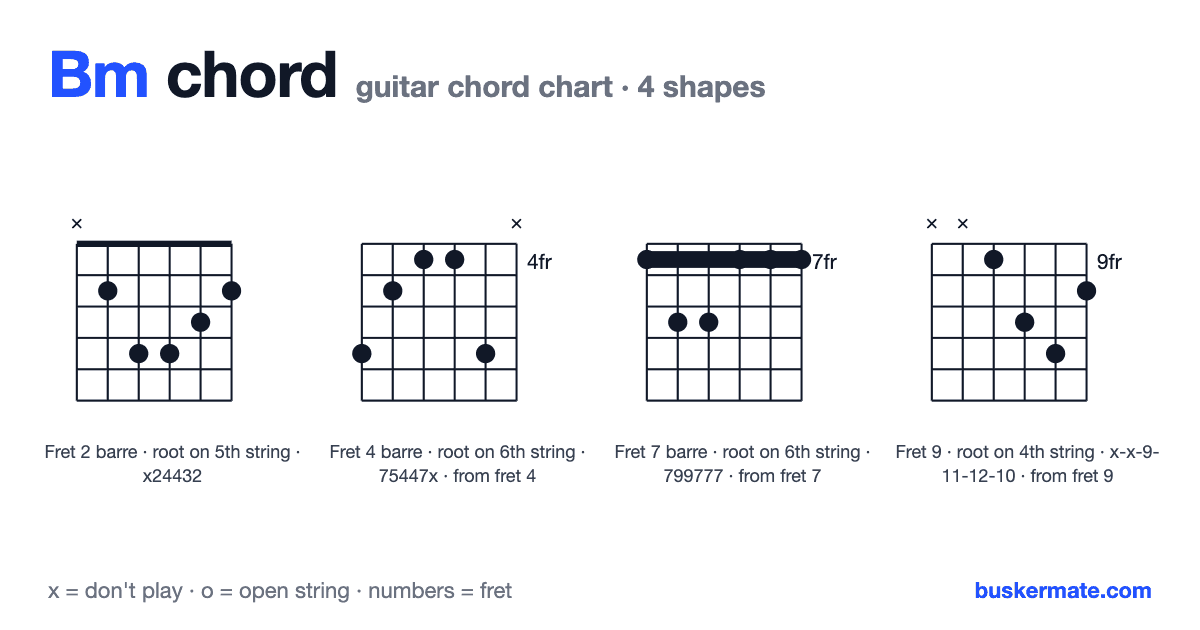 Bm guitar chord chart — fret 2 barre x24432 and 3 more shapes