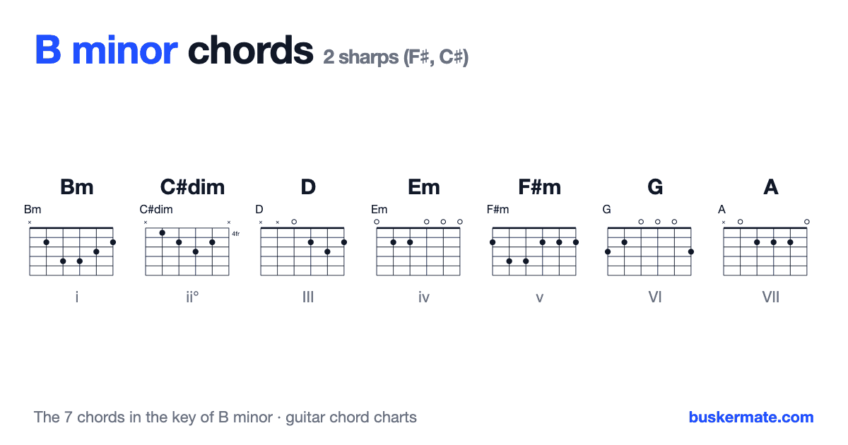 Chords in the key of B minor — guitar chord charts for Bm, C#dim, D, Em, F#m, G, A